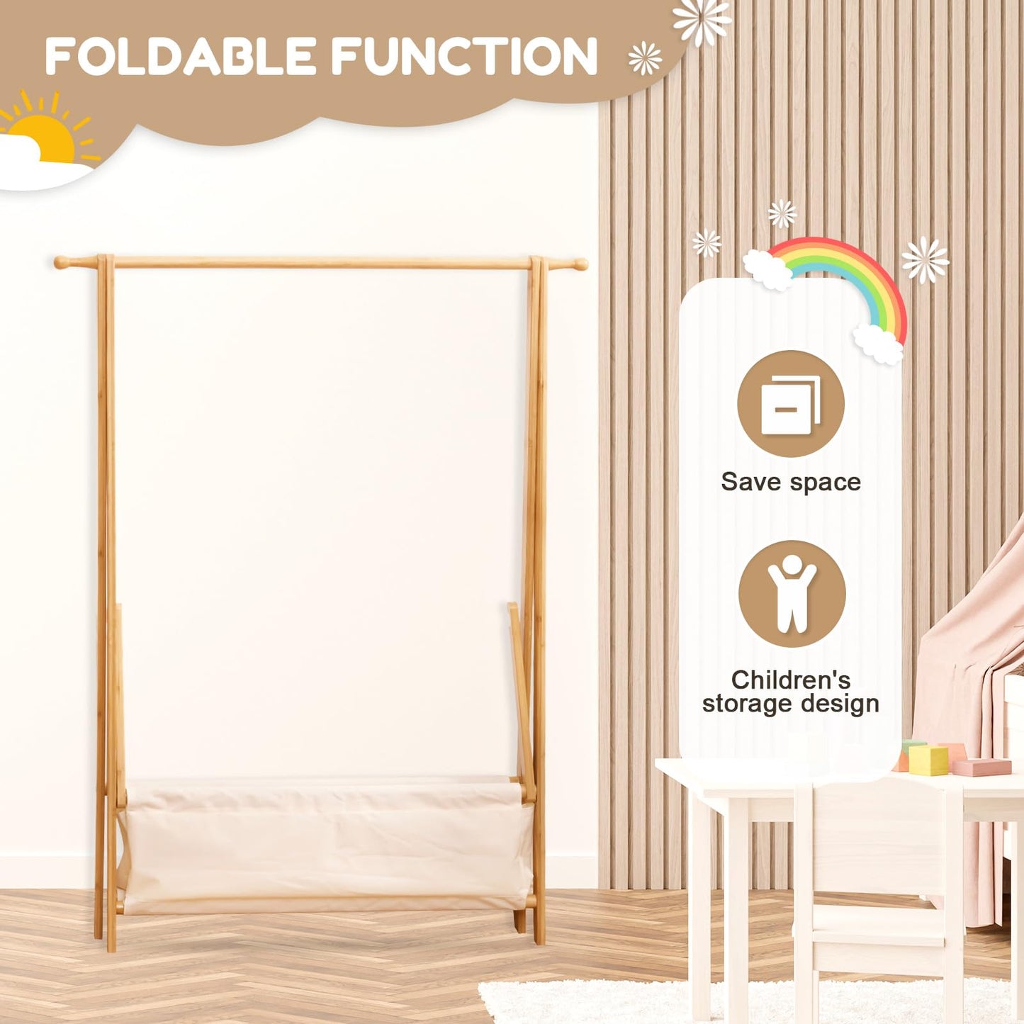Cozivolife Kids Clothing Rack with Storage Box, Dress up Holder, Child Garment Stand with Hanging Rods, Small and Foldable, Bamboo (Natural)