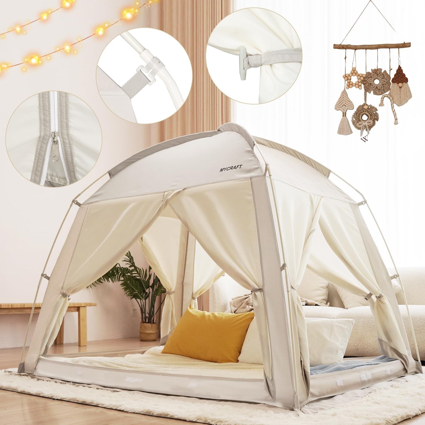 Full Size Bed Tents Canopy Bed–Privacy Dream Tent for Cozy Indoor Sleeping, Light-Reducing,and Breathable, with 4 Doors Floor Tent Bed