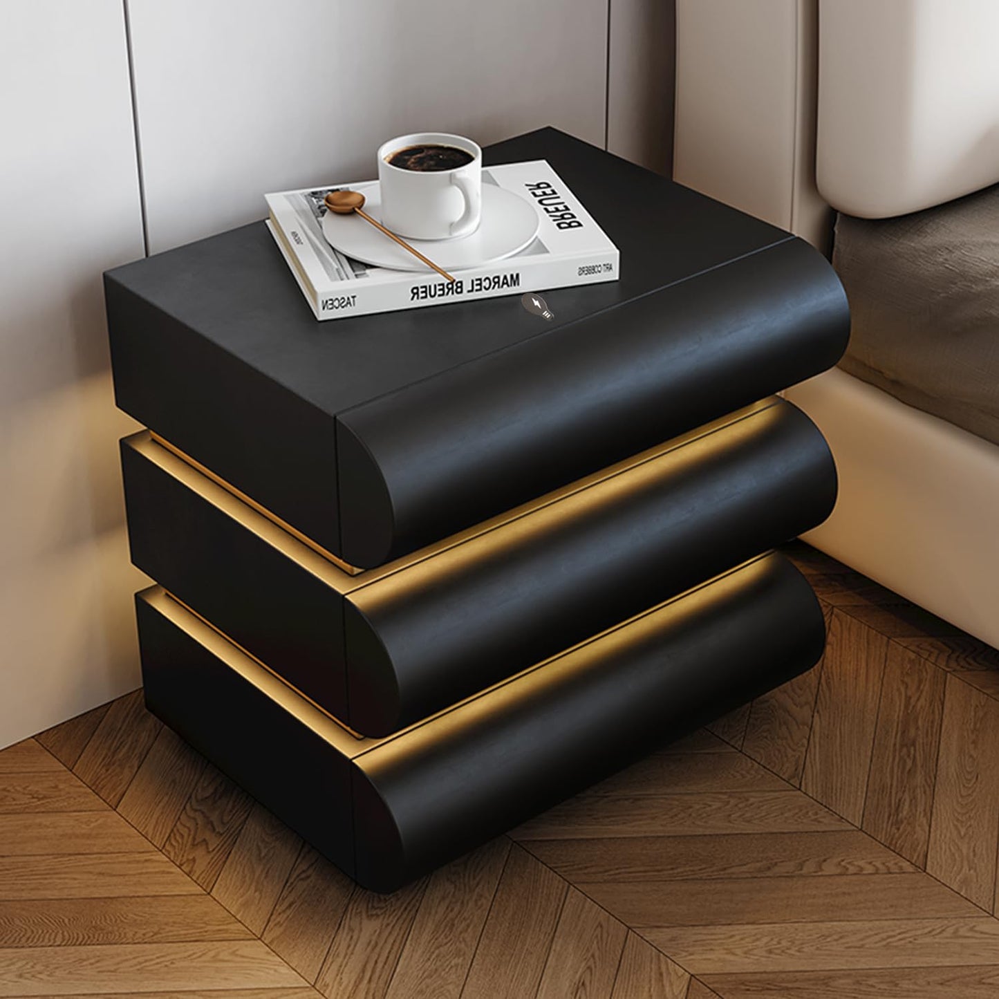 Night Stand with LED Light, Leather Nightstand, Modern Bedside Table with 3 Solid Wood Drawers, No Assembly Required(19.7''H) (Black)