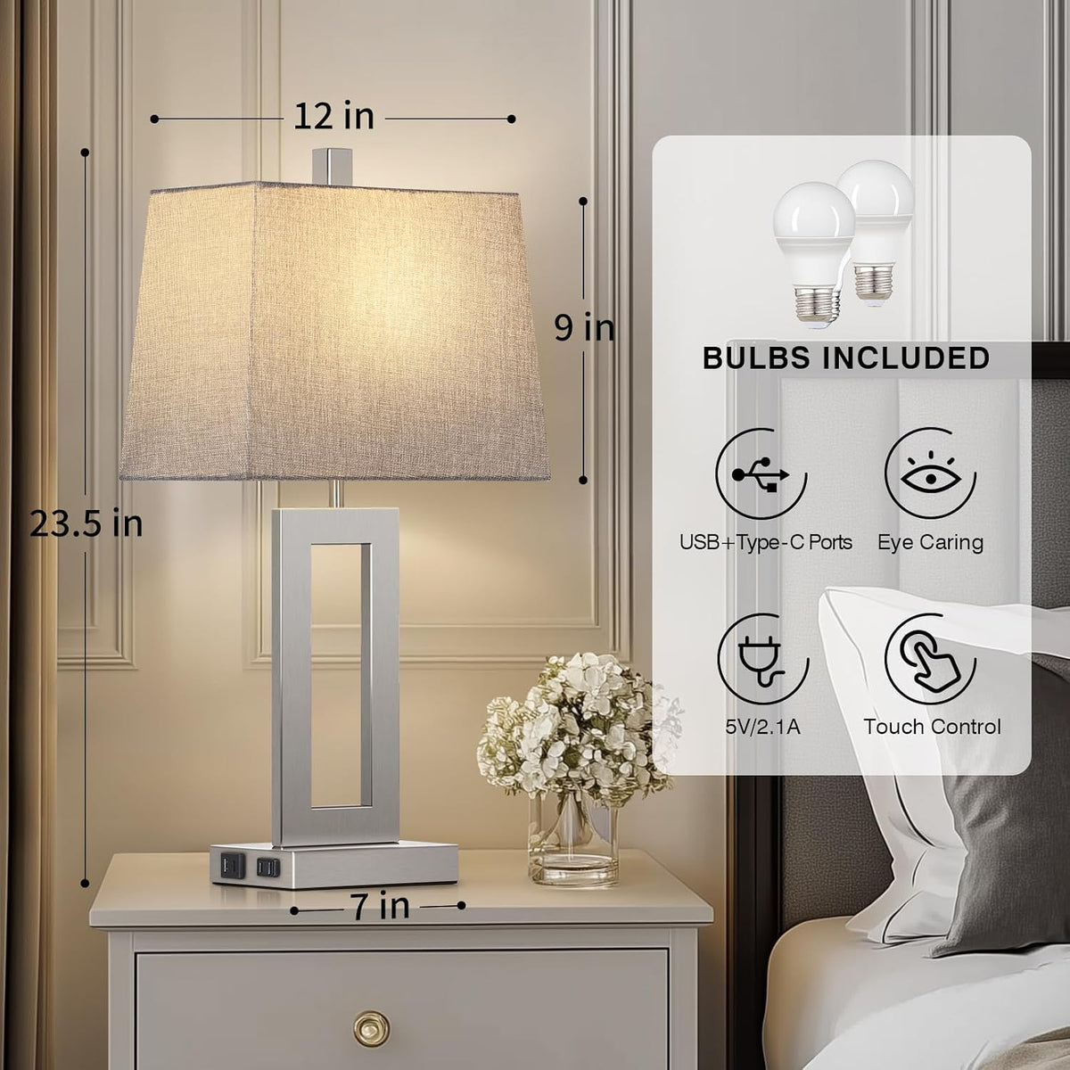Cinkeda Bedside Table Lamp Set of 2,Nightstand Touch Lamp with USB Port