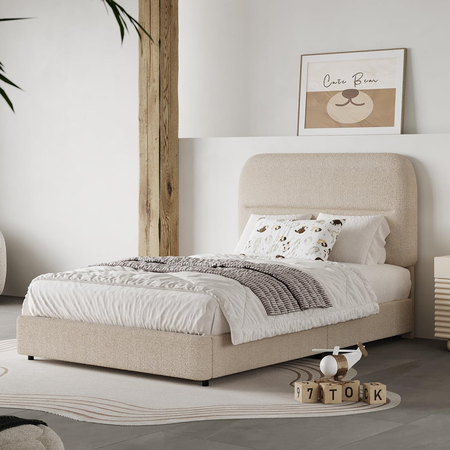Twin Size Boucle Bed Frame, Upholstered Bed Frame with Headboard, Twin Bed Frames for Kids, Thickened Footboard/Rounded Corners/Adjustable Headboard/No Box Spring Needed/Easy Assembly, Beige