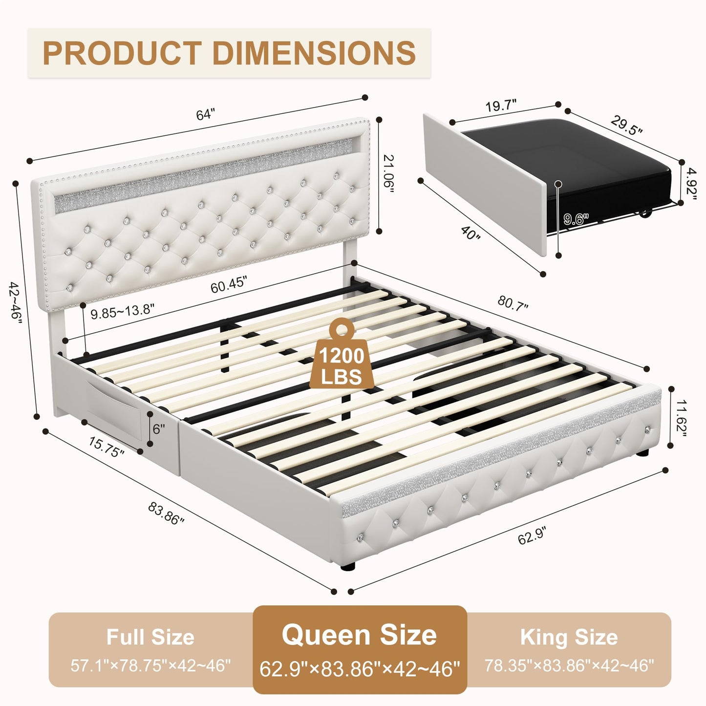Torana Queen LED Bed Frame with 2 Drawers, PU Upholstered Platform Beds with Adjustable Storage Headboard, Crystal Button Tufted Wingback Bedframe with Wooden Slats, No Box Spring Needed, White