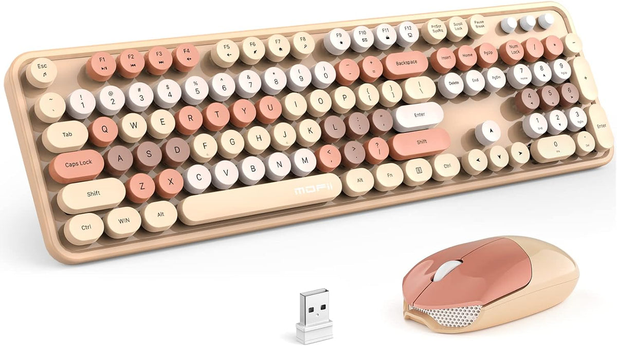 MOFII Wireless Keyboard and Mouse Combo,2.4GHz Retro Full-Size Keyboard with Number Pad and Cute Wireless Mouse for Computer PC Desktops Laptop WindowsxP/7/8/10(Milk Tea Colorful-B)