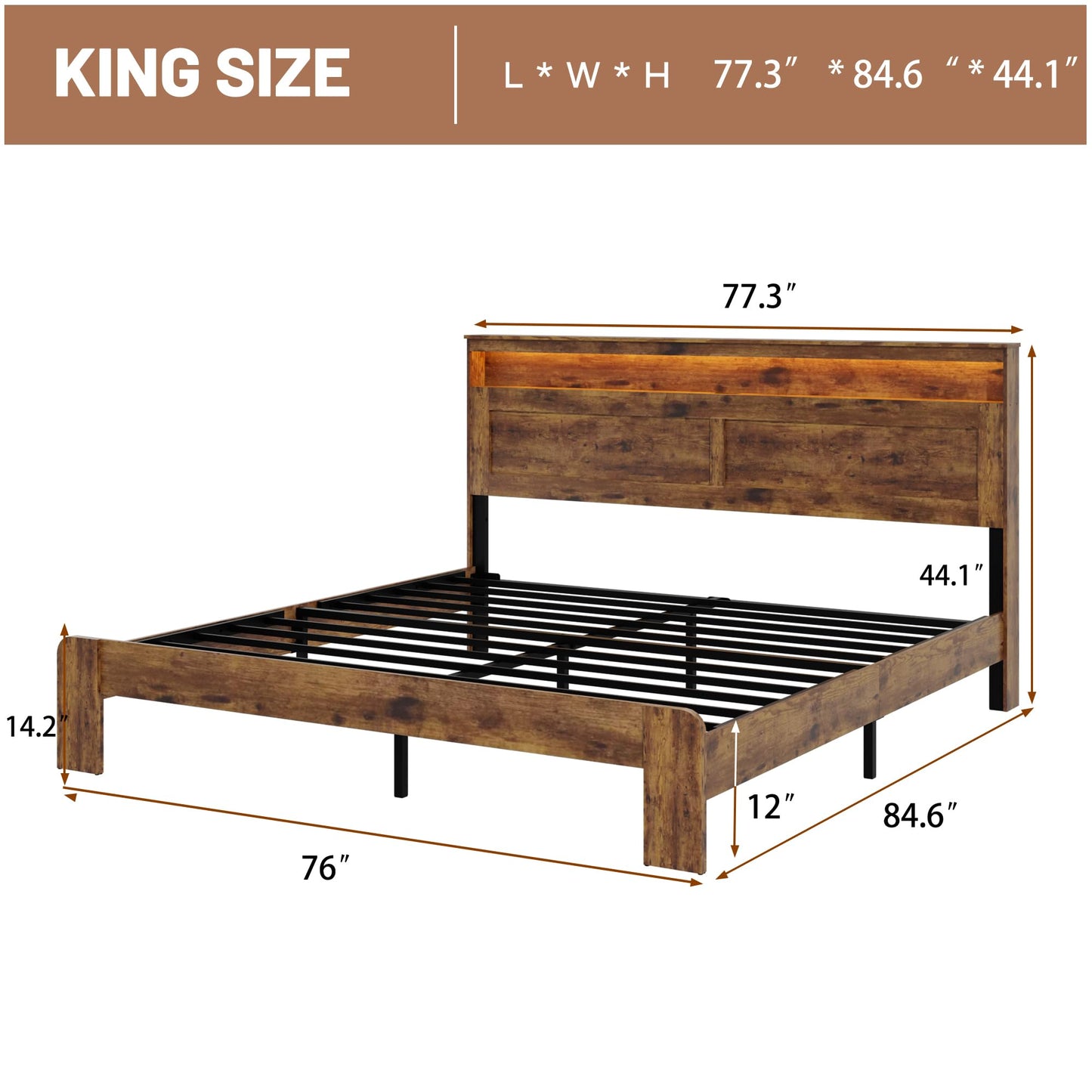 FSTAR King Size Wooden Bed Frame with Headboard, Farmhouse Bedframe with Charging Station & Led Lights, Heavy Duty Metal Slats, Noise Free, No Box Spring Needed, Dark Brown
