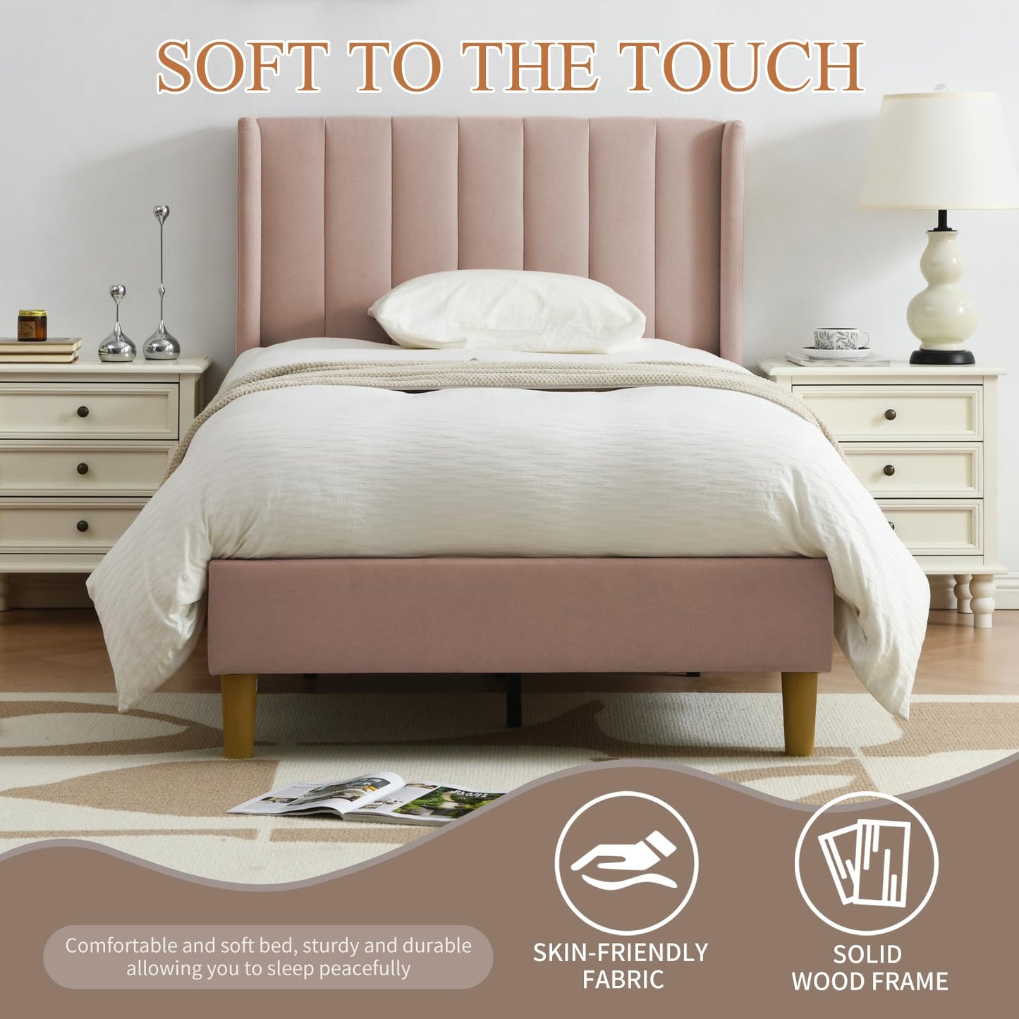 YUHUASHI Twin Size Bed Frame, Upholstered Bed Frame with Modern Geometric Wingback Headboard, Linen Fabric, Platform Bed Frame with Wooden Slats, Easy to Assemble and Noiseless (Beige, Twin)