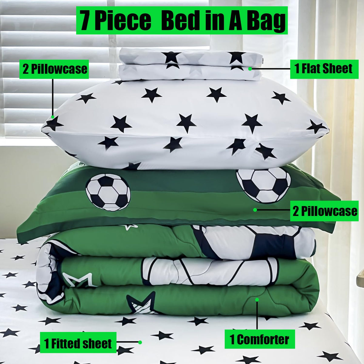 Gusuhome 7 Piece Boys Soccer Comforter Set Twin Size Bed in A Bag 3D Football Playground Sports Bedding Set for Kids Microfiber Comforter All Season Green