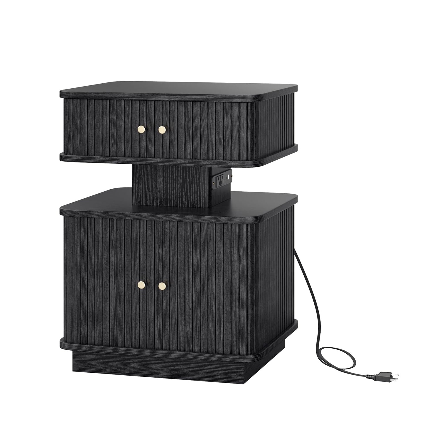Night Stand, LED Nightstand, Bedroom Night Stand with Charging Station, 2 Drawer Nightstand, Modern Nightstands with Curvy Edge and Sliding Door, Small Bedside Table for Bedroom, Black