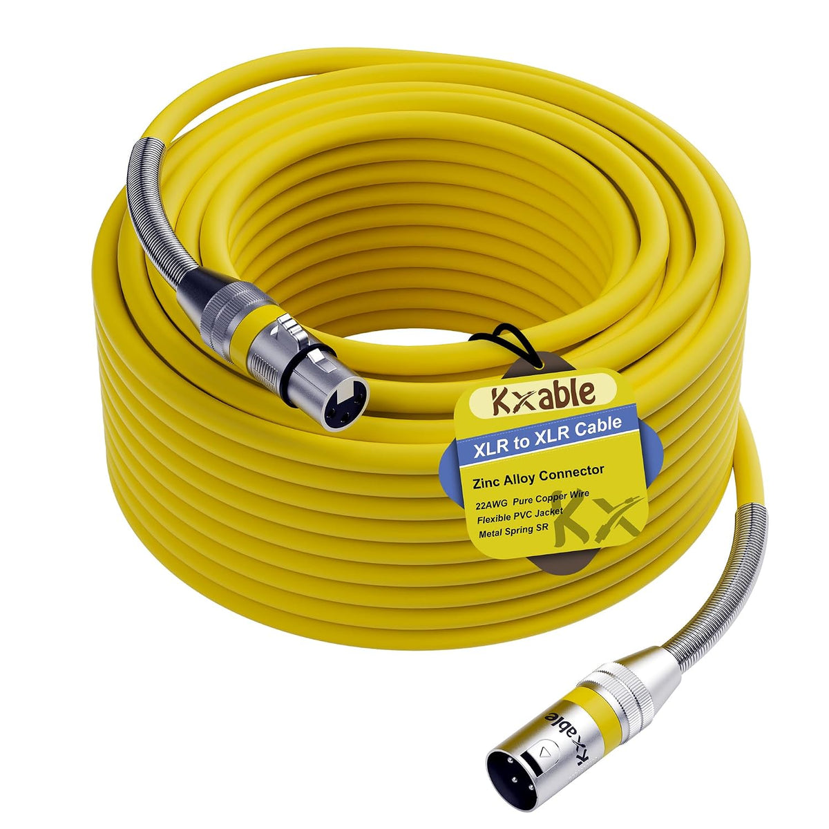 Kxable XLR Microphone Cable 200 FT, XLR Male to Female Balanced Mic Cable, 3-Pin Shielded Speaker Cord, Zinc Alloy Connectors, 22AWG Pure Copper, Metal Spring SR, Recording Studio, Podcast, Yellow