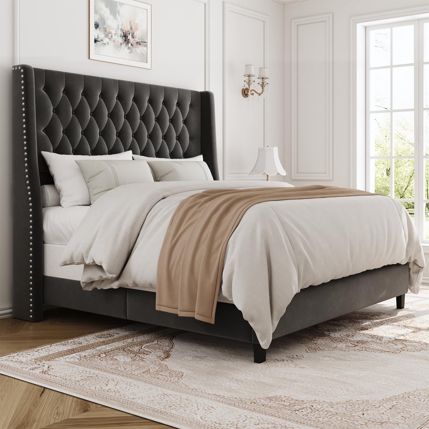 SEREINEY Full Bed Frame with 55" Tall Headboard, Upholstered Bed Frames, Soft Fabric, Button Tufted Headboard with Windback, Platform Bed, Noise-Free, No Box Spring Needed, Grey