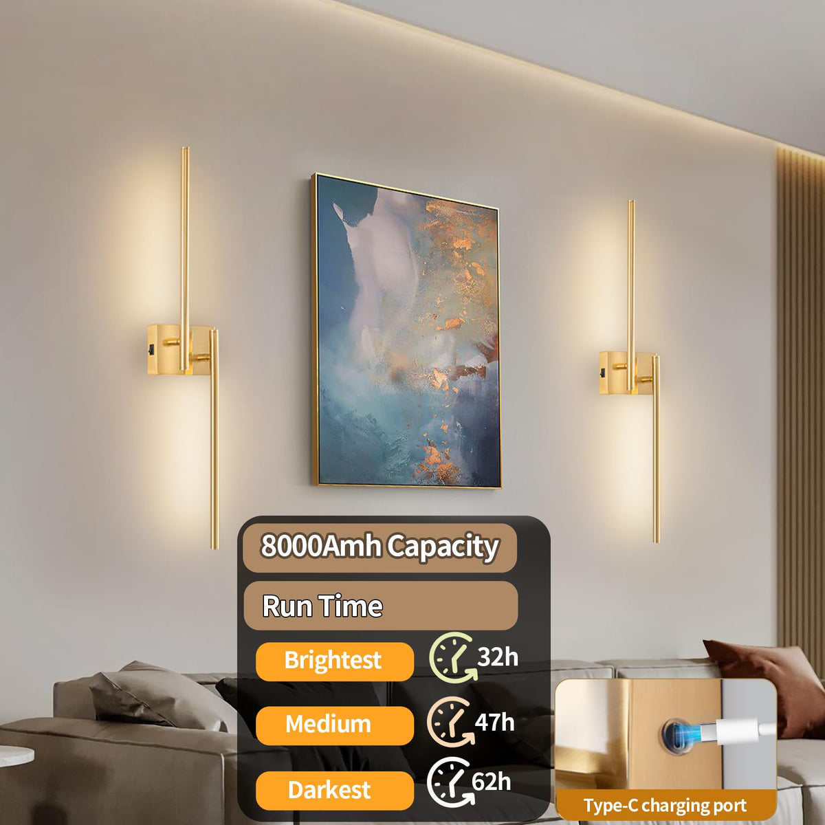 Zlierop Rotate Wall Sconces Battery Operated, 8000mAh Charge Battery Wall Sconces Set of Two, Wireless Wall Sconce with Memory Remote, Dimmable Wall Lights, Gold sconces Wall Decor Set of 2