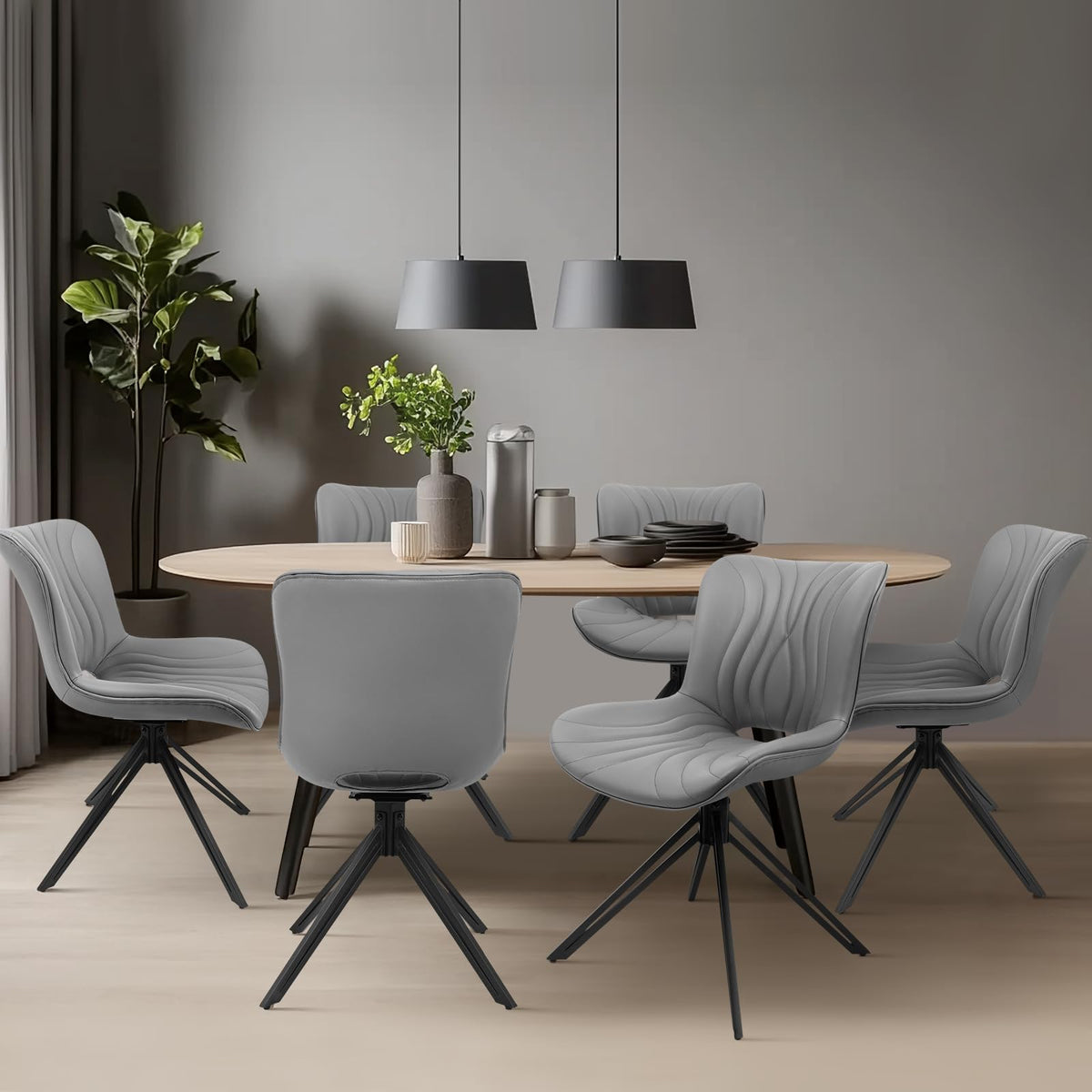 VATROS Dining Chairs Set of 6, 360° Swivel Upholstered Mid-Century Modern Kitchen Dining Room Chairs, Armless Faux Leather Accent Side Chair with Padded Back, Metal Legs for Living Room Bedrooms,Grey