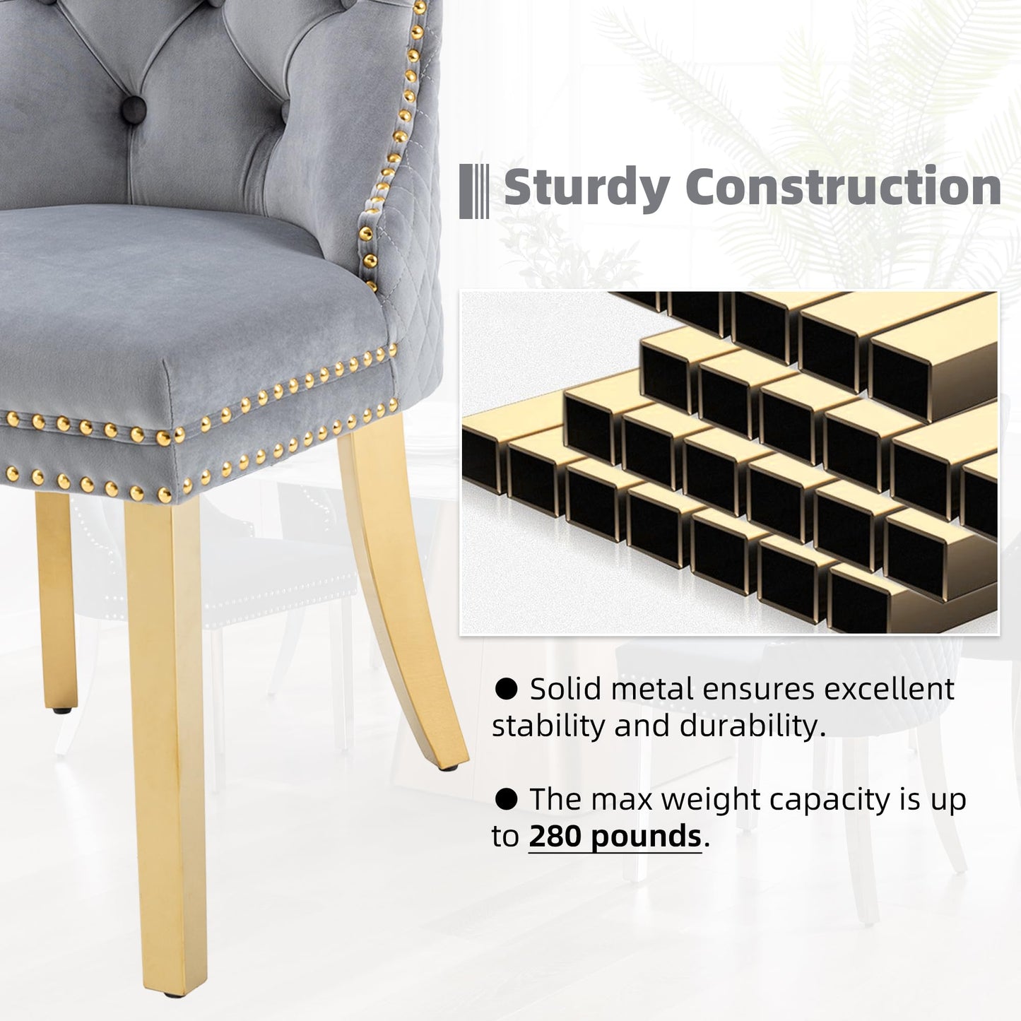 GOOLON Velvet Dining Chairs Set of 4, Upholstered Dining Room Chairs, Mid-Century Modern Chairs with Diamond Lattice Tufted Back, Lion Pull Ring Rivet Trim, Golden Metal Legs for Kitchen, Light Grey