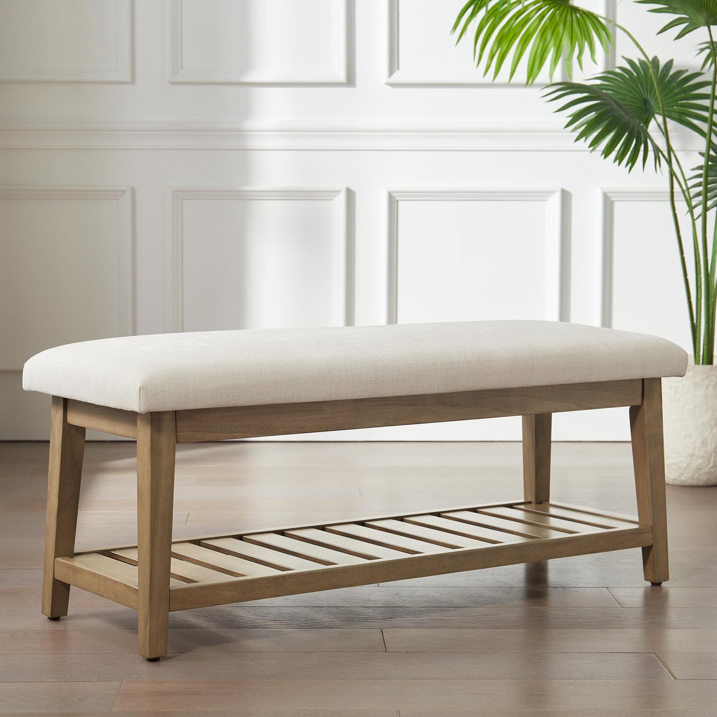 Zihanhome Entryway Bench, Chenille Upholstered Shoe Benches for Bedroom, Ottoman Bench with Solid Wood Shelf, Storage Benches for Hallway, Living Room(Beige)