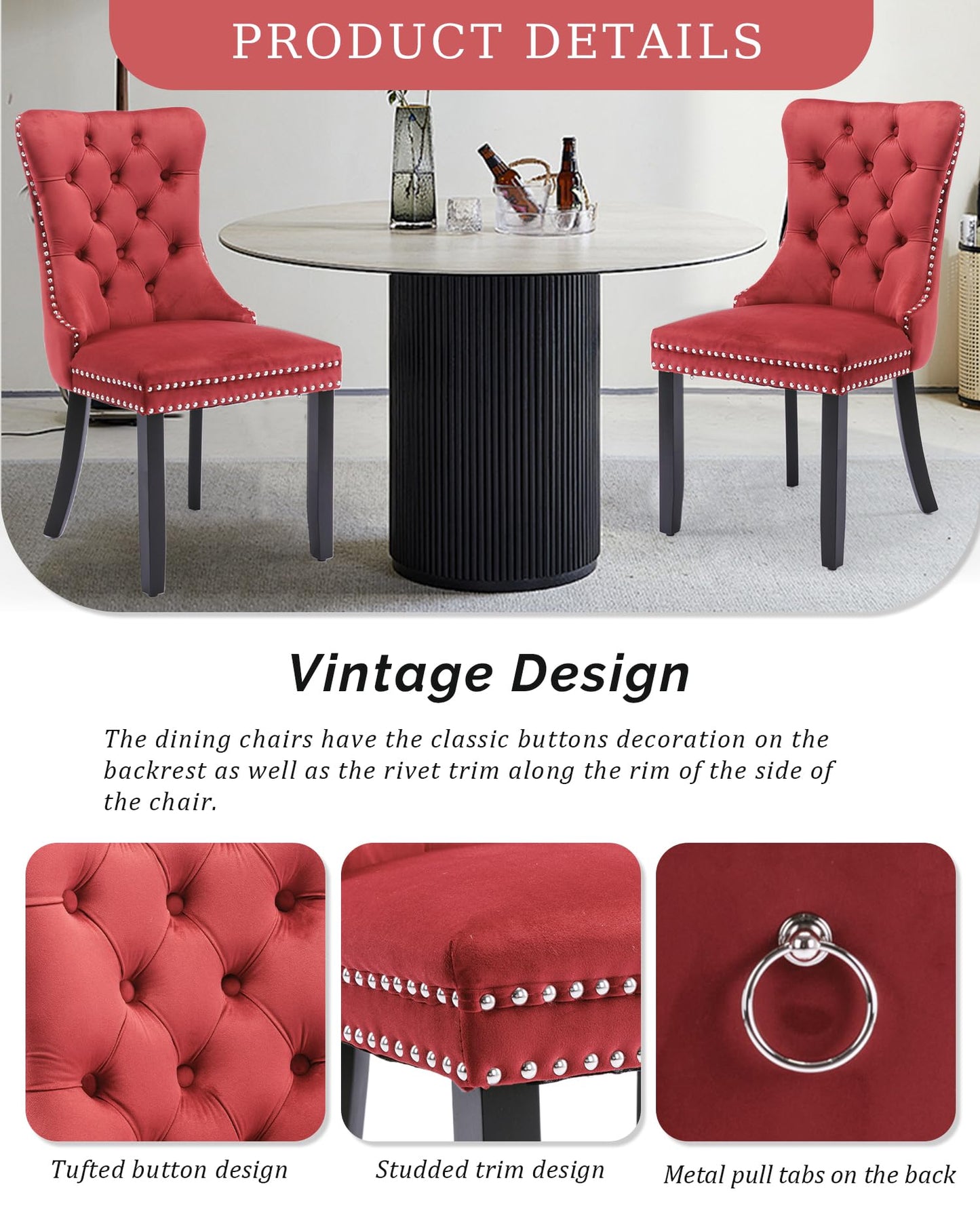 VICBARLEY Velvet Dining Chair Set of 6 Upholstered Tufted Dining Room Chair with Nailhead Trim and Solid Wood Legs for Kitchen, Restaurant,Wine Red