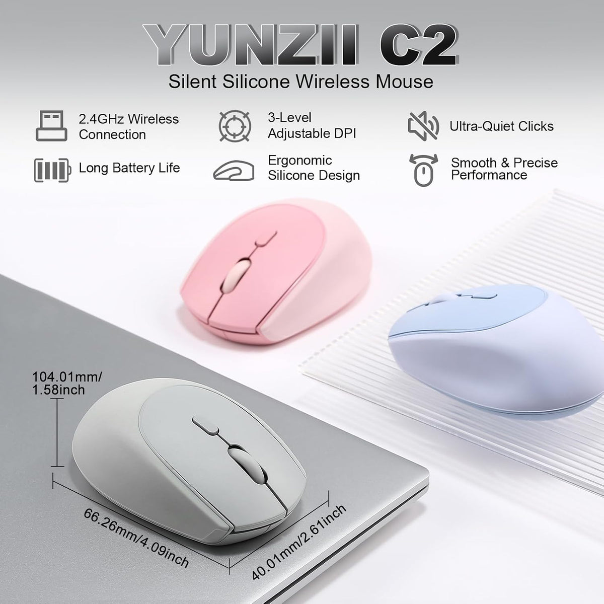 YUNZII C2 Silicone Wireless Mouse 1600 DPI Optical 2.4GHz (Gray)