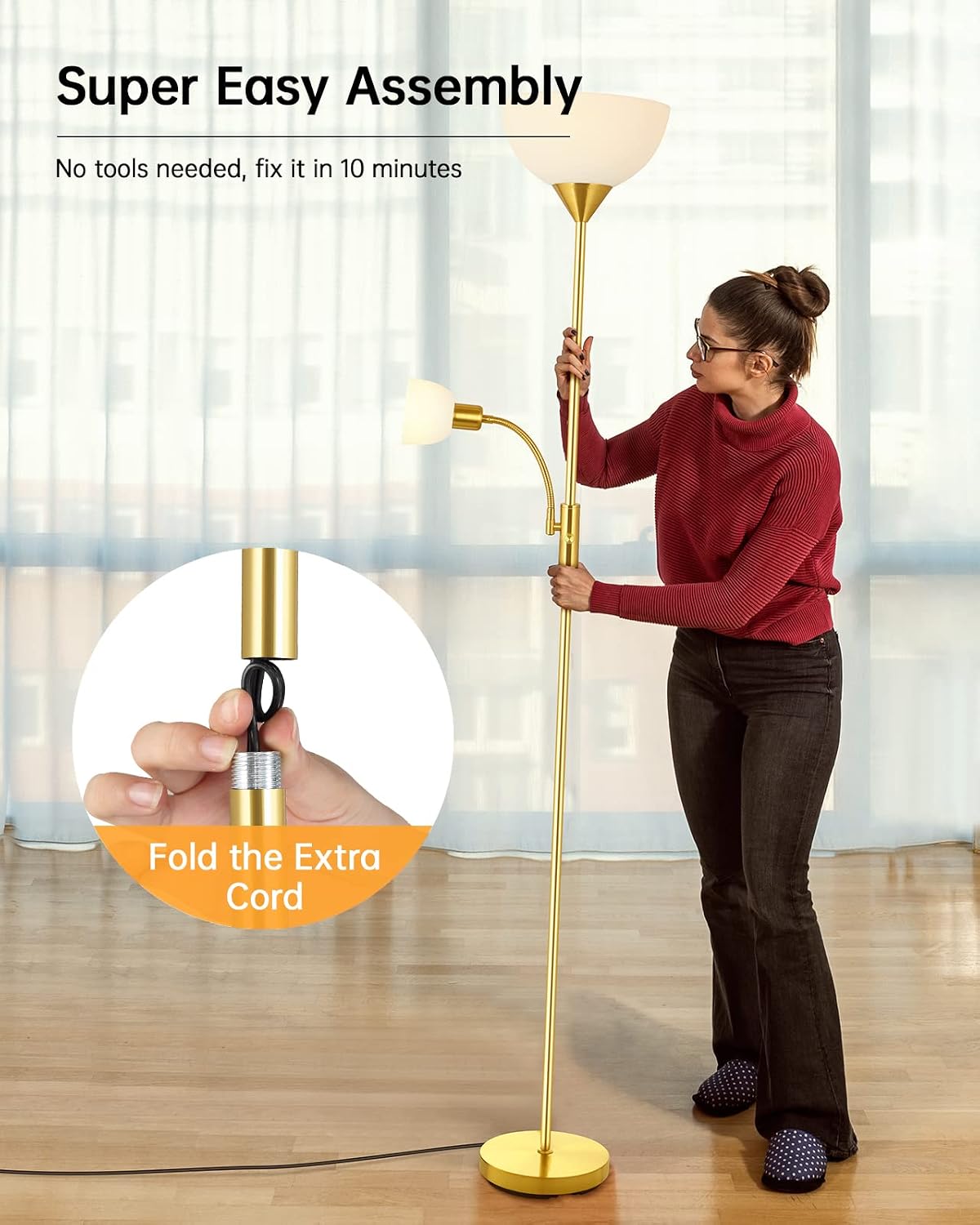 Torchiere Floor Lamps, LED Standing Lamp, 71" Tall Torch Floor Lamps with Reading Light, 3 Way Rotary Switch, White Plastic Shade,Bright Gold Modern Corner Lamp for Living Room Bedroom Office(No Bulb)