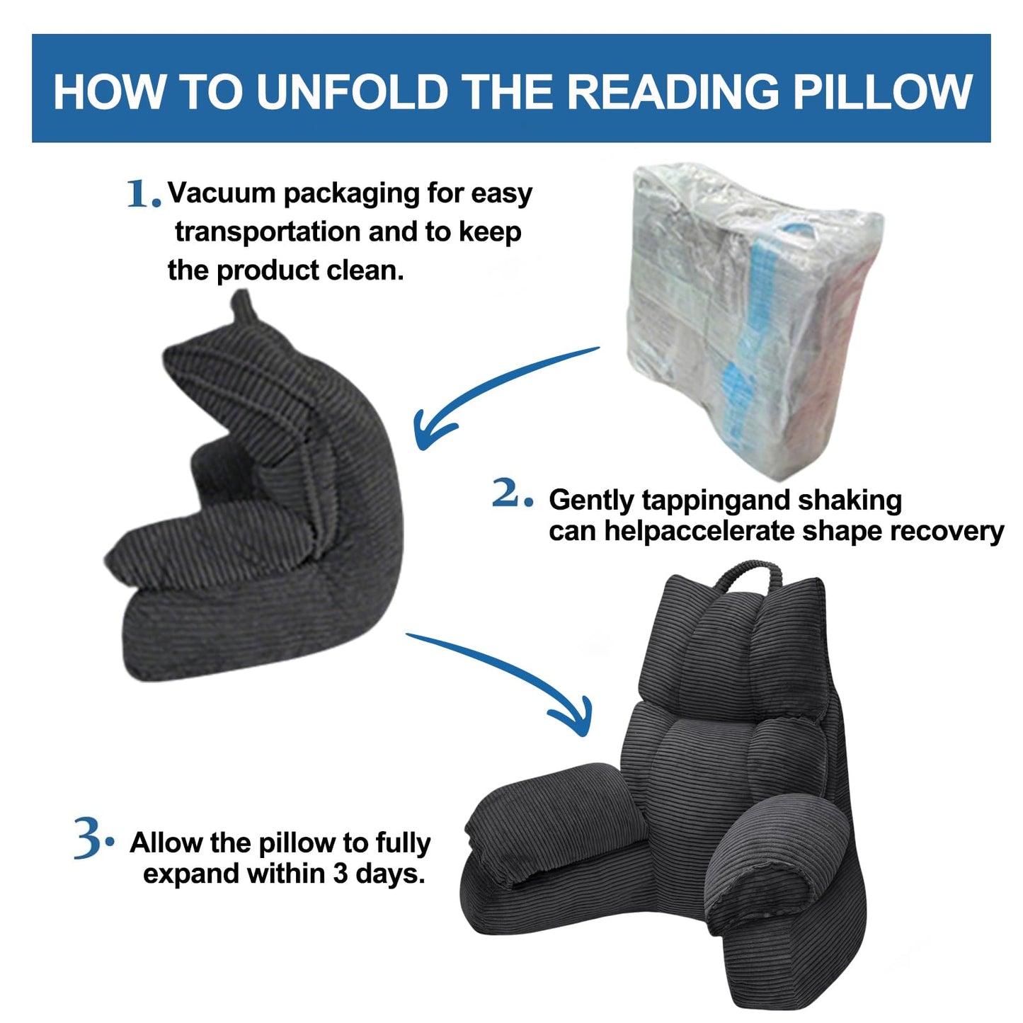 RRPAHWTV Reading Pillow for Bed with High Arm Rests ,Back Support Pillow for Sitting Up in Bed with Shredded Memory Foam for Reading, TV, Gaming or Relaxing on Floor（Grey Black, Large）