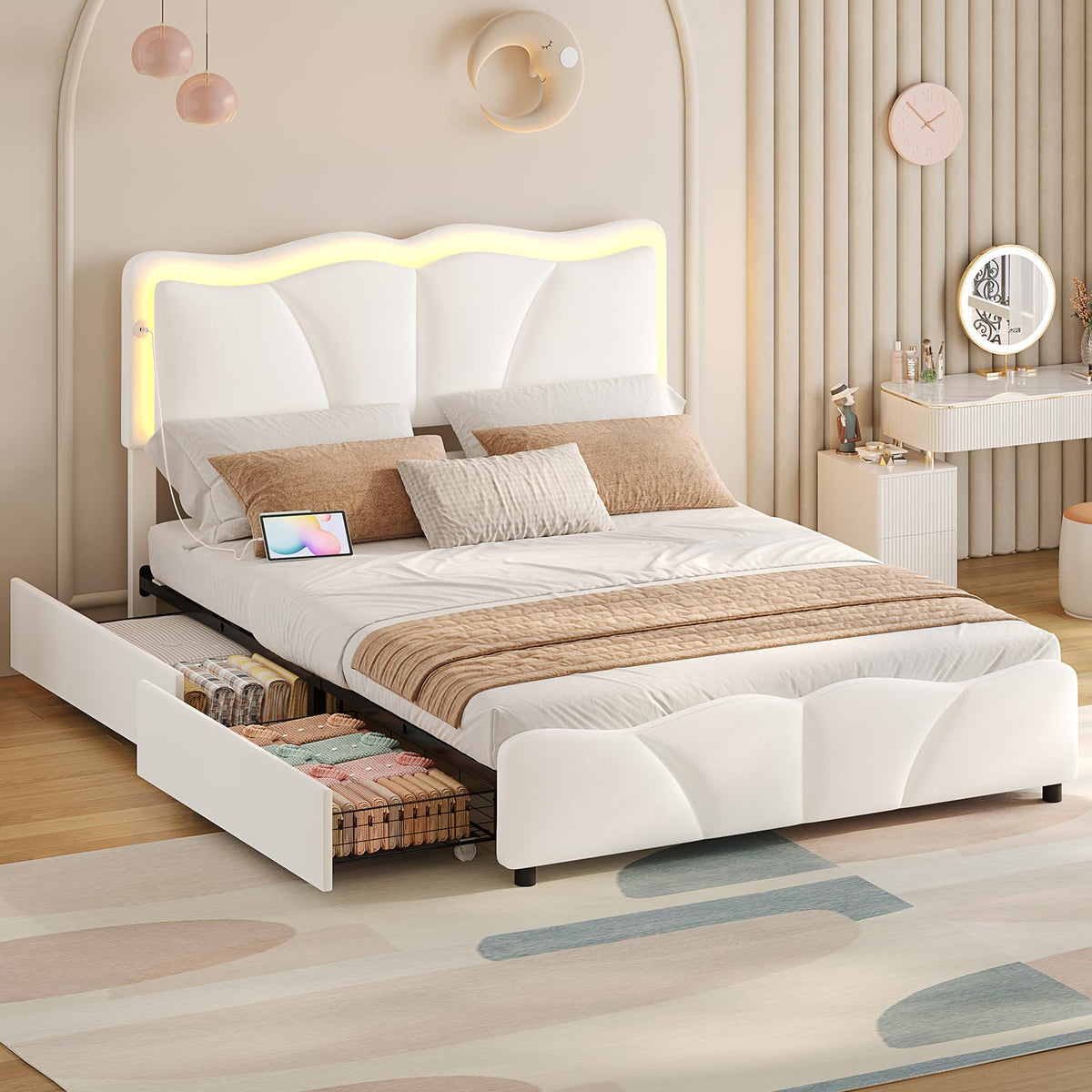 Full Size Upholstered LED Bed Frame with Adjustable Chic Petal Headboard, Velvet Platform Storage Bedframe with 4 Drawers and Charging Station, No Box Spring Needed, Wooden Slats Support, Beige