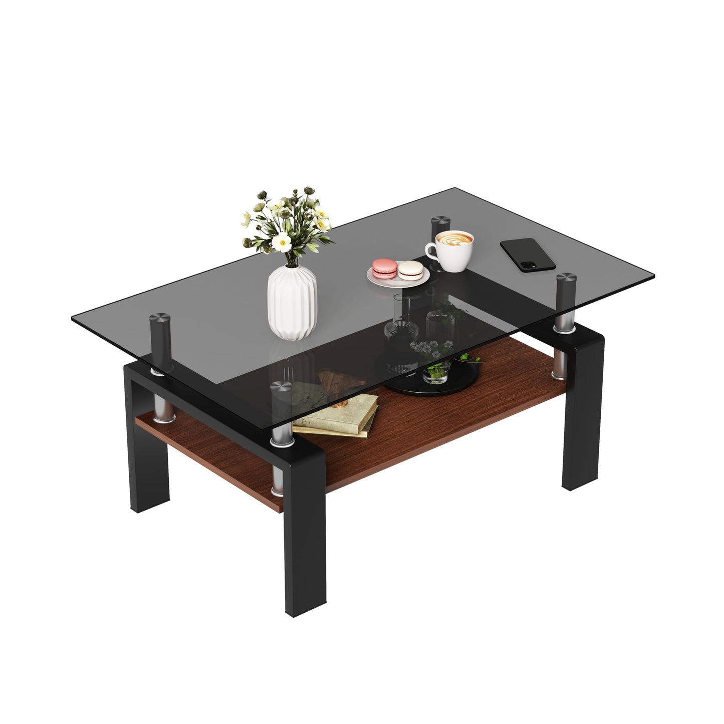 IANIYA Rectangle Tempered Glass Coffee Table, Rectangle Living Room Center Table, Modern Tea Table with Tempered Glass Tabletop and Wood Layer (1, Gray)