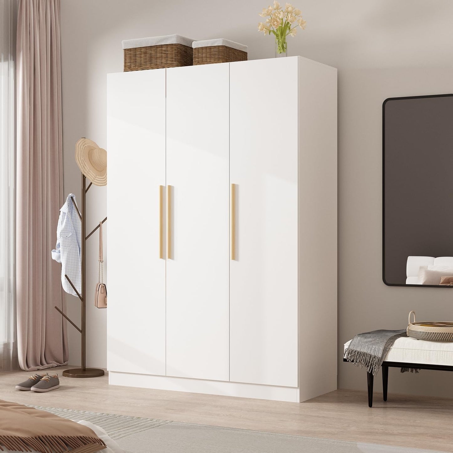 MOUMON Armoire Wardrobe with 3 Doors and Cube Shelves, Armoire Wardrobe Closet with Hanging Rod, Closet for Bedroom White 18.9“D x 47.2”W x 70”H
