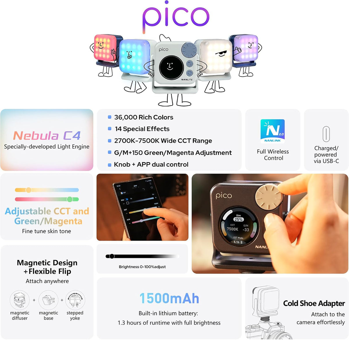 Nanlite Pico Portable LED Fill Light – Full Color RGB