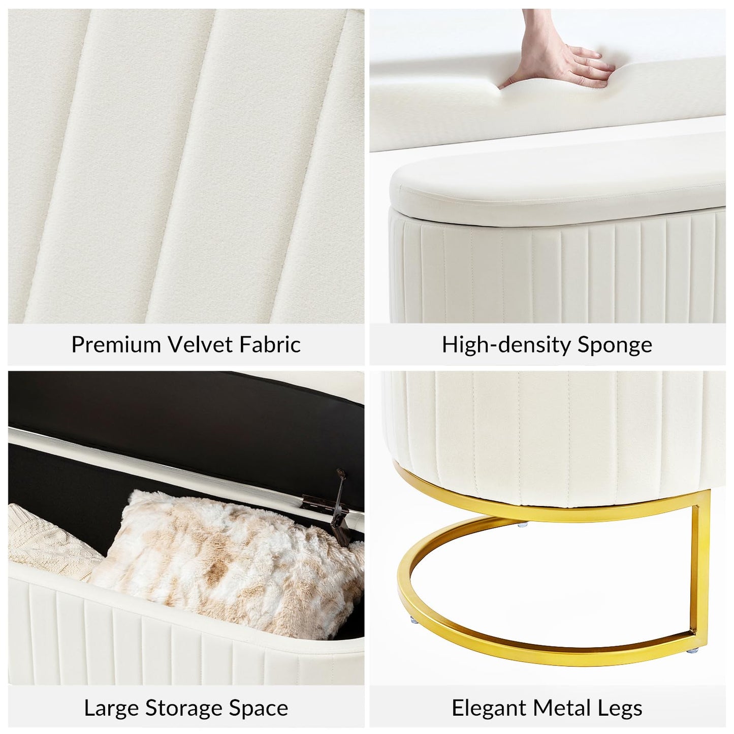 EcoHarbor Living 50" Storage Ottoman Bench with 2 Additional Ottomans, End of Bed Bench Bedroom Bench, Upholstered Velvet Long Window Bench with Gold Legs, Flipping Lid Entryway Footrest