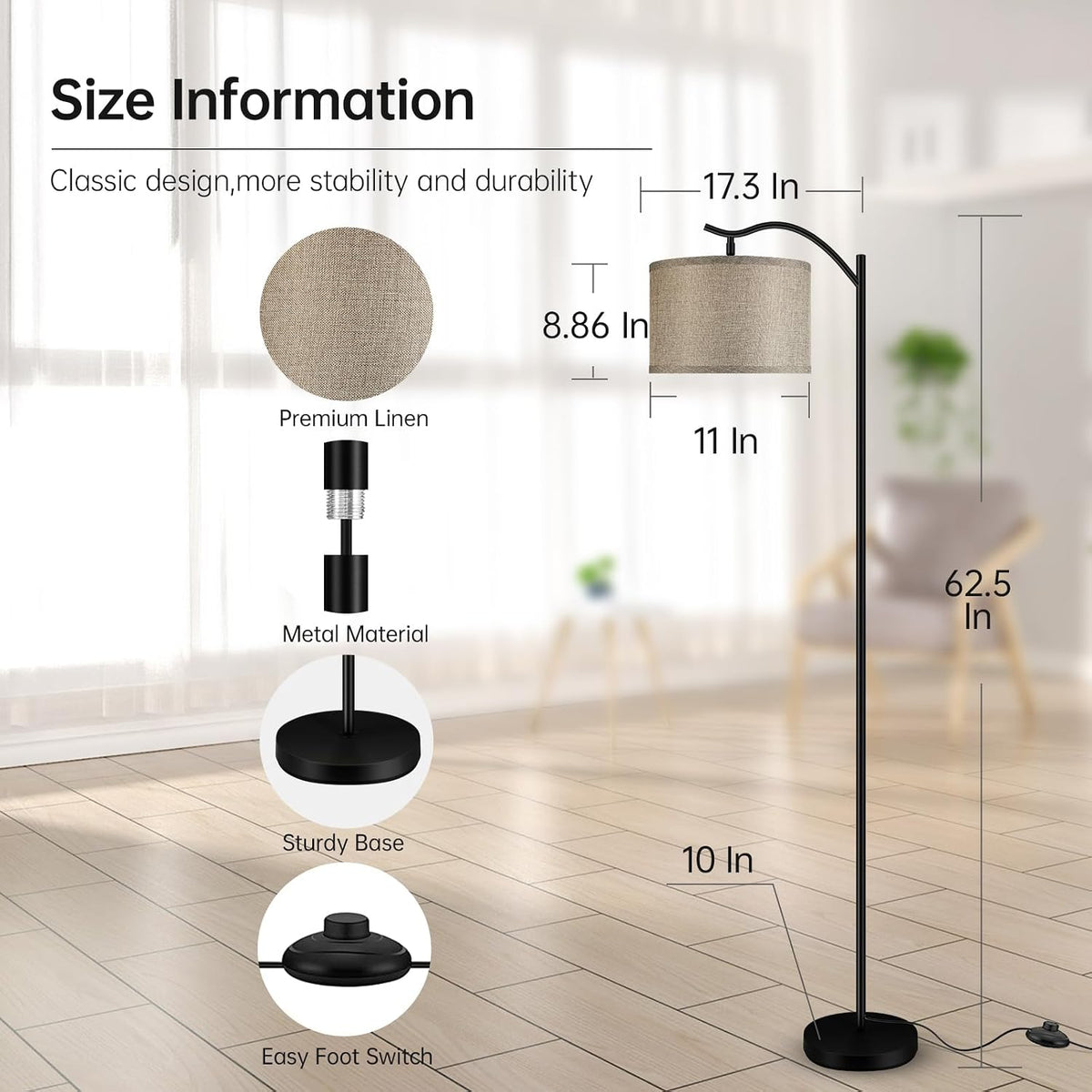 BoostArea LED Arched Floor Lamp with Fabric Linen Shade