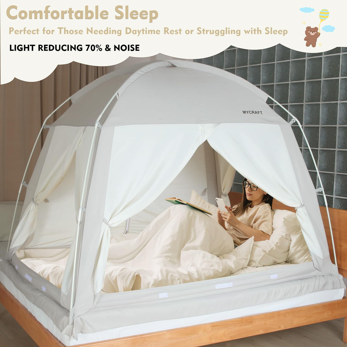 Full Size Bed Tents Canopy Bed–Privacy Dream Tent for Cozy Indoor Sleeping, Light-Reducing,and Breathable, with 4 Doors Floor Tent Bed