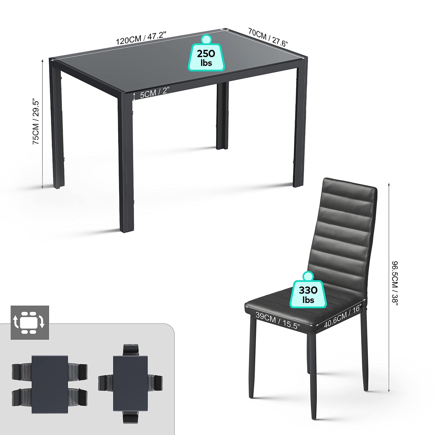 Gizoon 5 Piece Glass Dining Table Set, Kitchen and Chairs for 4, PU Leather Modern Room Sets for Home, Kitchen, Living Room