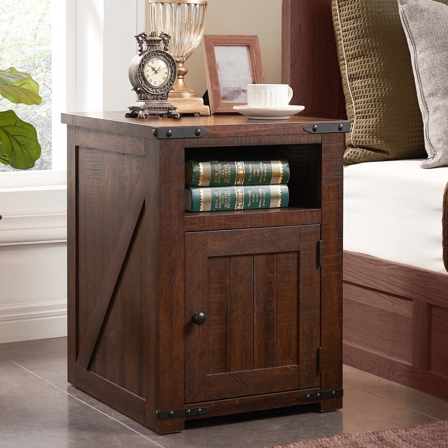 IFGET Nightstand with Charging Station, 20" Farmhouse End Table w/Groove Barn Door, Rustic Wood Sofa Side Bedside Table w/Open & Adjustable Shlef for Bedroom, Living Room, Brown
