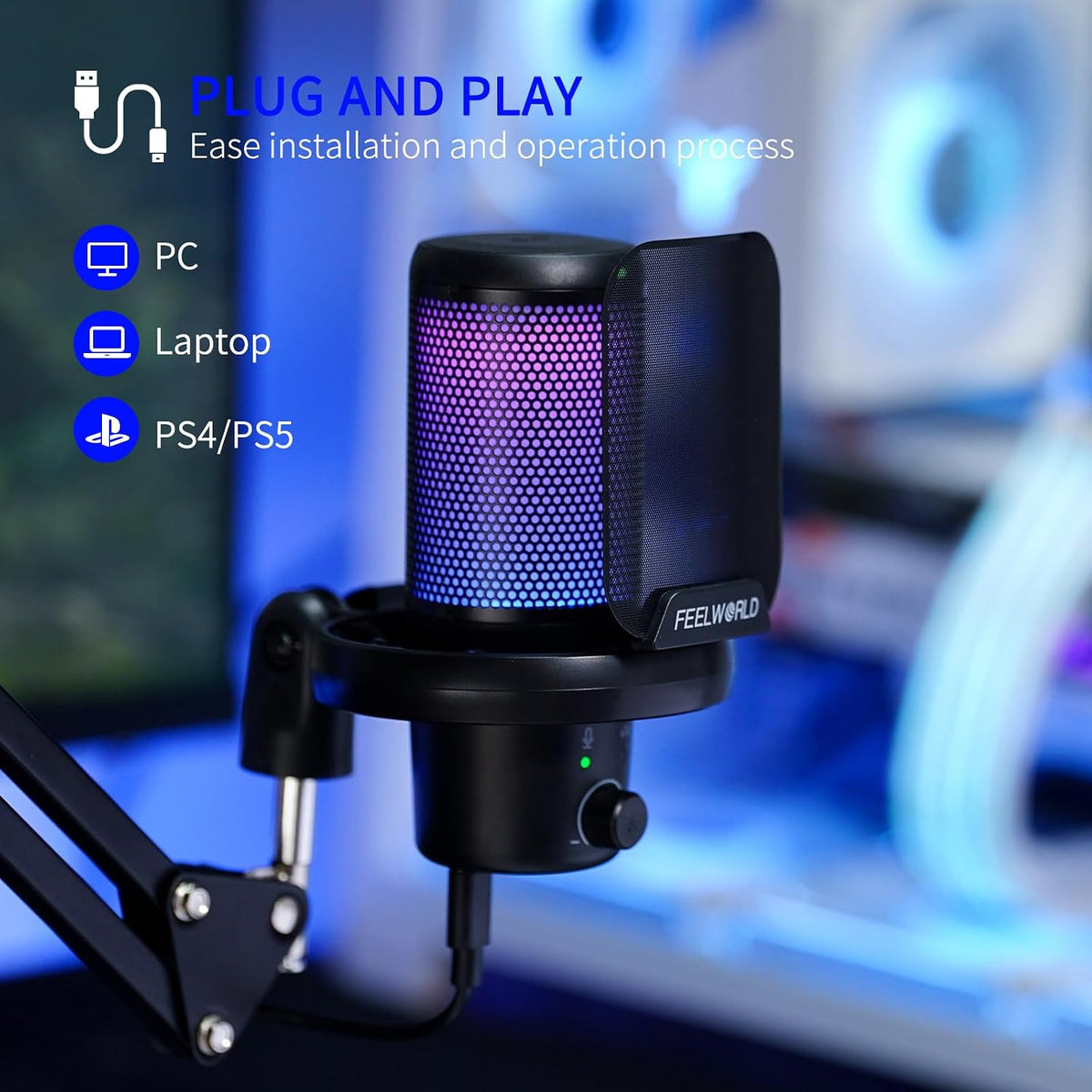FEELWORLD VM1 Black USB Gaming Condenser Microphone for pc, Boom Arm Stand