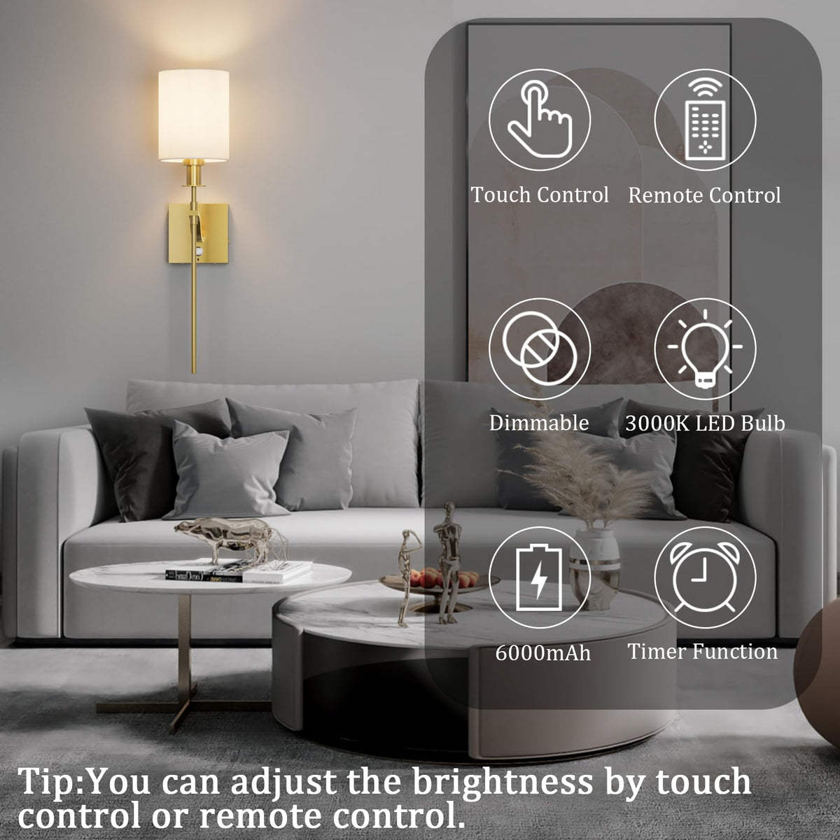 Coinmit Battery Operated Wall Sconces Set of Two,Cordless Dimmable 6000mAh Rechargeable Wireless Wall Light Indoor with Remote Control for Bedroom(Bulb Included)