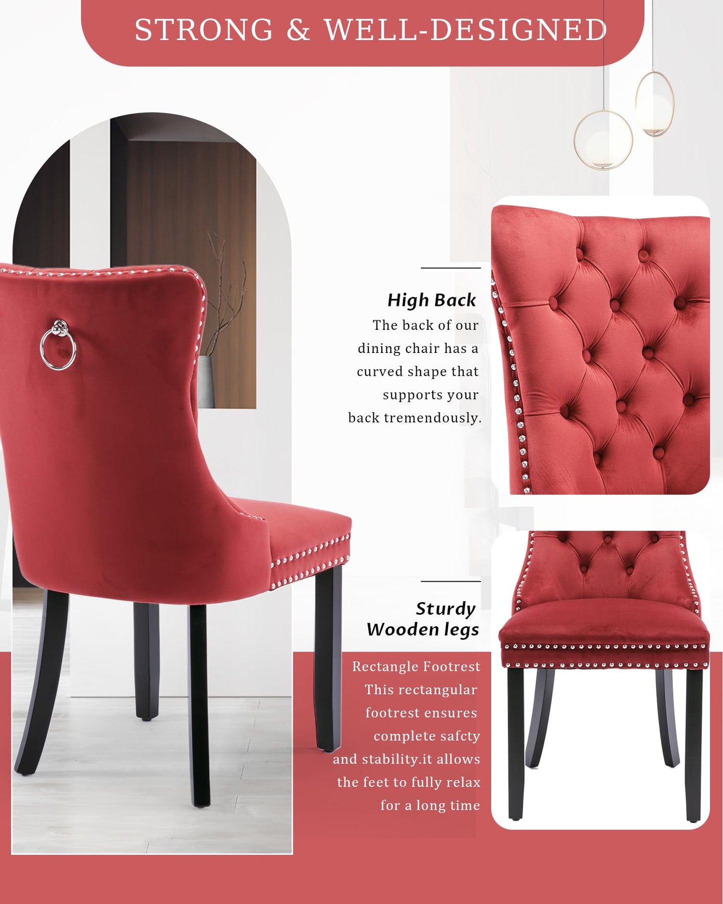 VICBARLEY Velvet Dining Chair Set of 6 Upholstered Tufted Dining Room Chair with Nailhead Trim and Solid Wood Legs for Kitchen, Restaurant,Wine Red