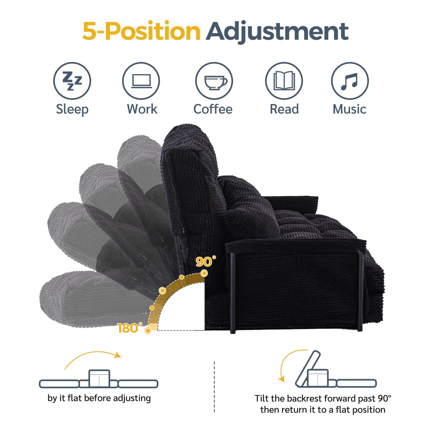 MAXYOYO Adjustable Floor Sofa Couch with 2 Pillows, Multi-Functional Bean Bag Bed, 5-Position Foldable Lazy Sofa Sleeper Bed with Armrest, Versatile Floor Seating for Reading, Black, Double