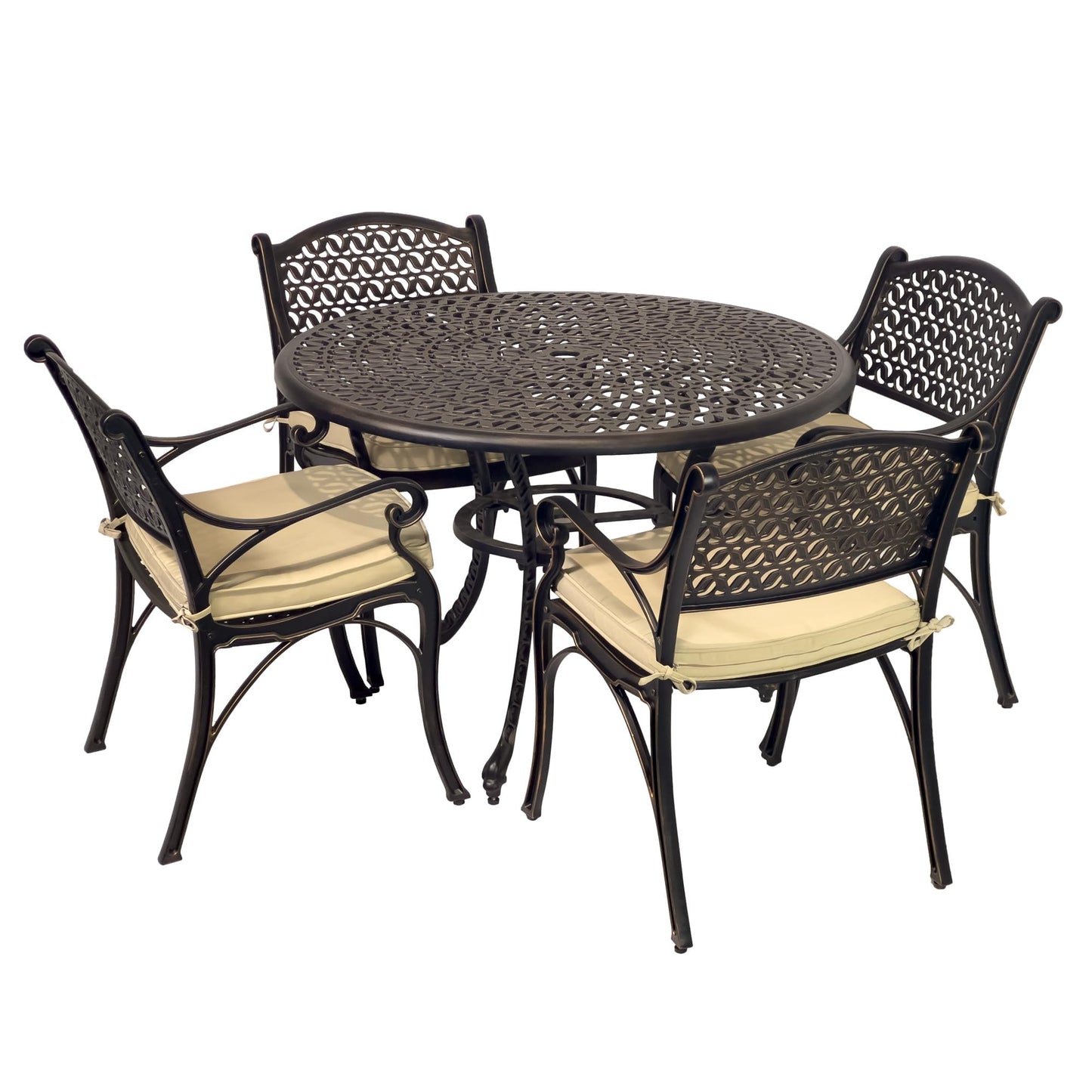 Kinger Home 5-Piece Cast Aluminum Outdoor Dining Furniture Set for 4, Round Patio Table and Chairs for 4 with Cushions, Outdoor Furniture Set with Umbrella Hole, All-Weather Patio Dining Set