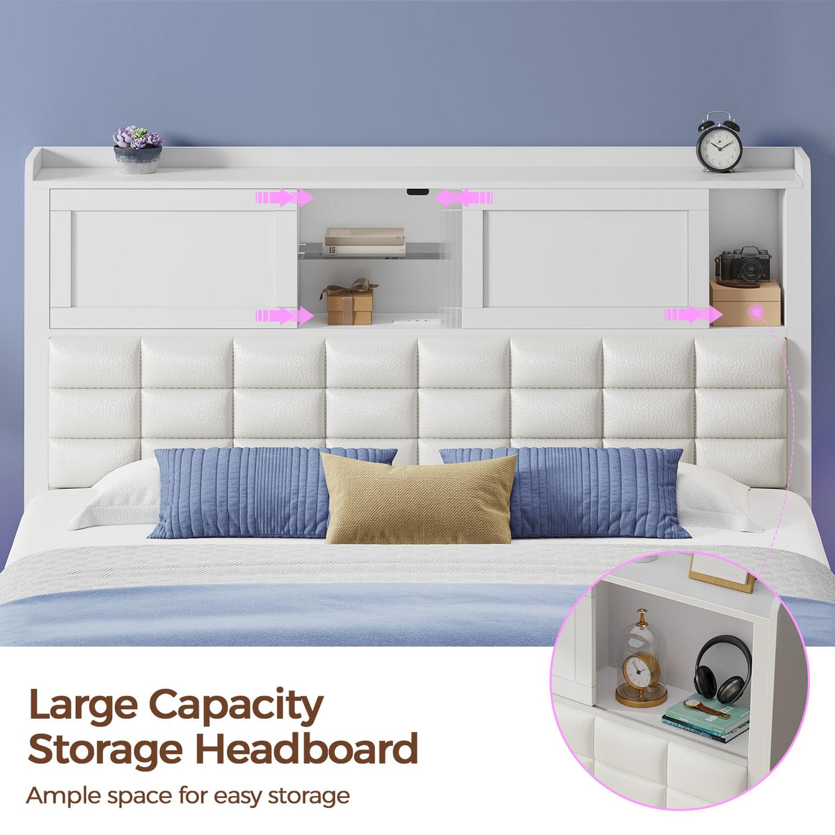 Rolanstar Queen Bed Frame with Charging Station, Bookcase Headboard Bed with LED Light and Sliding Doors, Platform Bed with Wooden Slats, No Box Spring Needed, Noise Free, White