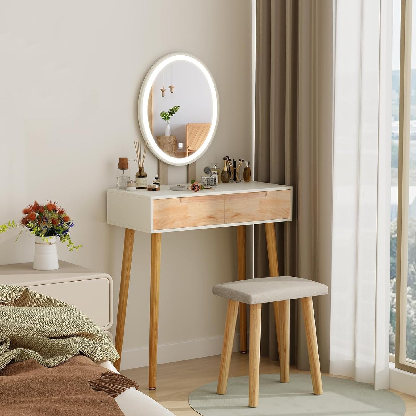 YOURLITE Makeup Vanity Desk with Lights, Small Vanity with Adjustable Brightness Mirror for Small Spaces, Dressing Table with Drawers 27.5", Oval Mirror Wood