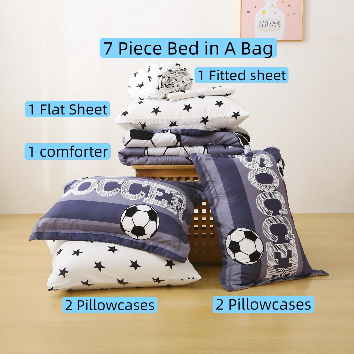 Gusuhome Boys Sports 7 Piece Soccer Comforter Set Twin Size 3D Football Playground Bedding Set for Kids Bed Set Gray(Comforter,Flat Sheet,Fitted Sheet and Pillow Sham)