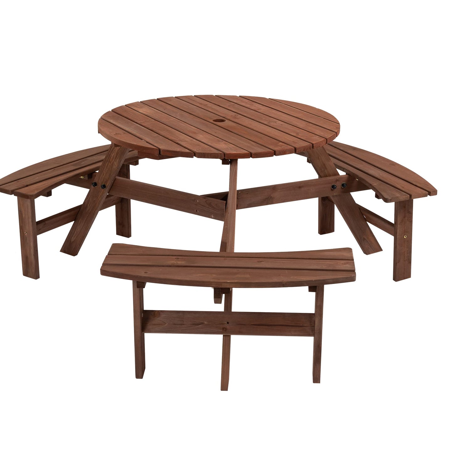 SSLine 6-Person Solid Wood Picnic Table Outdoor Round Picnic Table and Bench Set with Umbrella Hole Outside Wooden Table and Chairs Set for Patio Backyard Garden Lawn (Dark Brown)