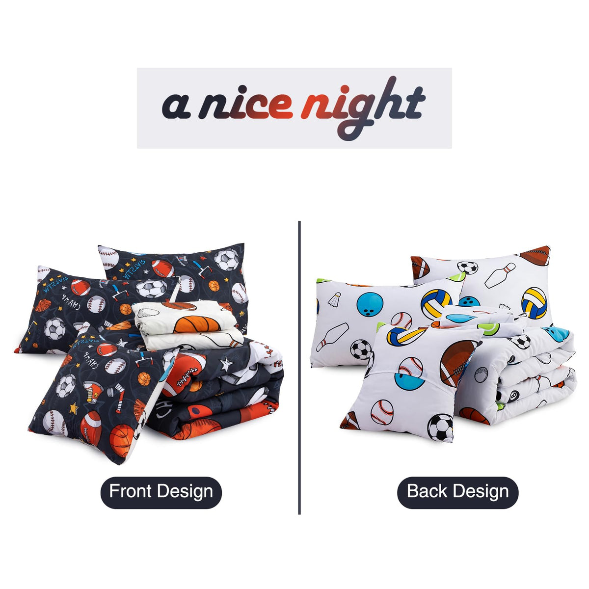 A Nice Night 6Pcs Bed in A Bag Full Sports Microfiber Modern Comforter Set,Gray Rugby Ball Printed Bedding Collections,for Boys Kids Teen