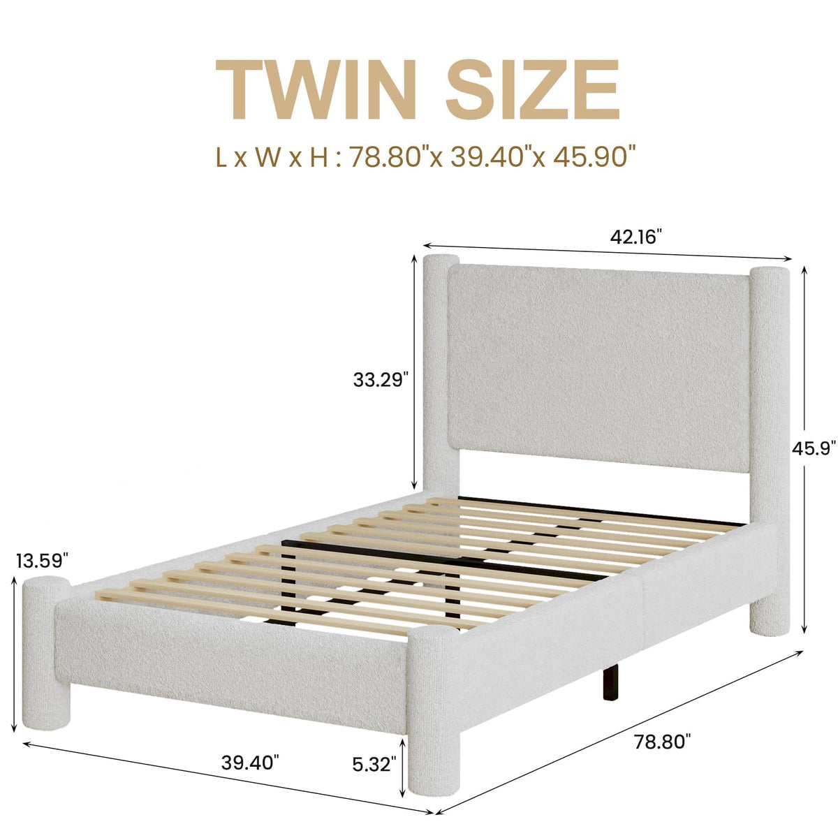 Twin Size Bed Frame, Boucle Upholstered Platform Bed with Headboard and Footboard, Soft Rounded Corners, No Box Spring Required, Easy Assembly, White