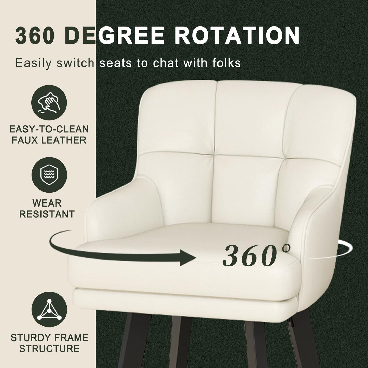 SAECKBERG 360°Swivel Counter Height Bar Stools with Back, 26 inch Solid Wood Legs, Bar Stool Modern Kitchen Island Chairs, Faux Leather (Antique White- Faux Leather, 26" H- Set of 4)
