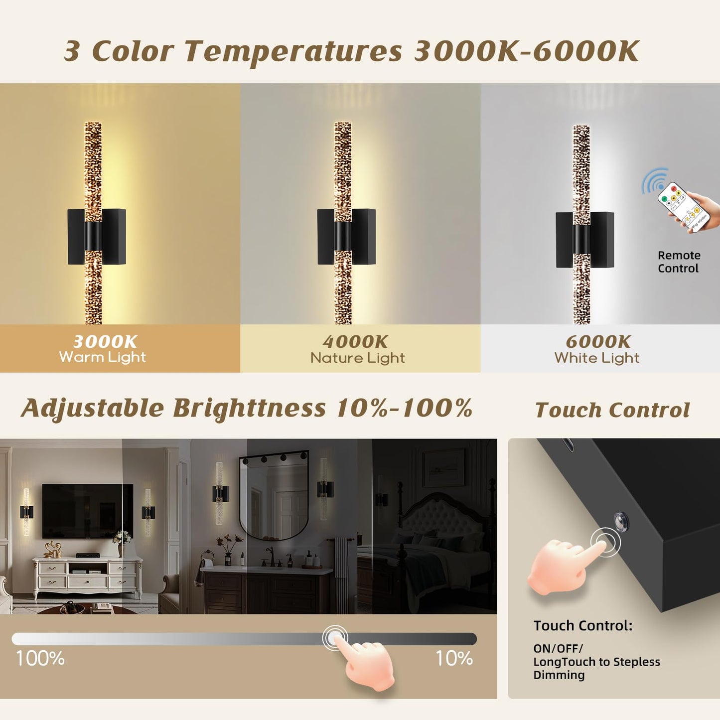 DZW 10000mAh Battery Operated Wall Sconce Set of Two,16.9 Inch Rechargeable Modern Crystal Bathroom Sconces,LED Wall Sconce, 3000K-6000K Dimmable Wall Lights for Vanity Living Room, Bedroom, Hallway