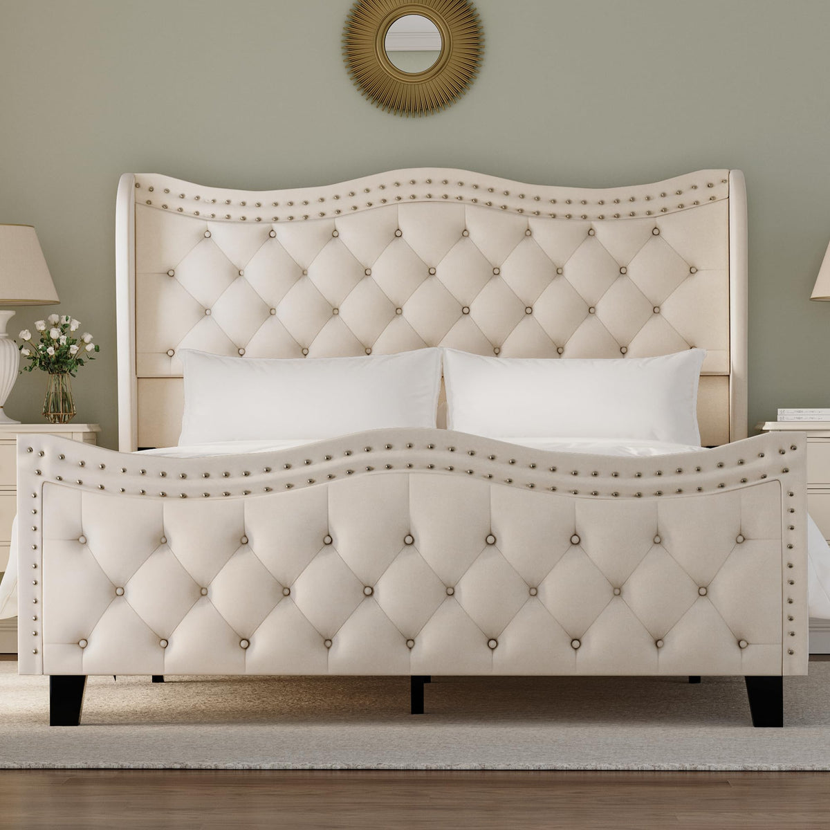 RIHHA Cream Queen Size Upholstered Platform Bed Frame with 50'' Tall Velvet Tufted Curved Wingback Headboard, Wooden Slats, Noise-Free, No Box Spring Needed, Easy Setup