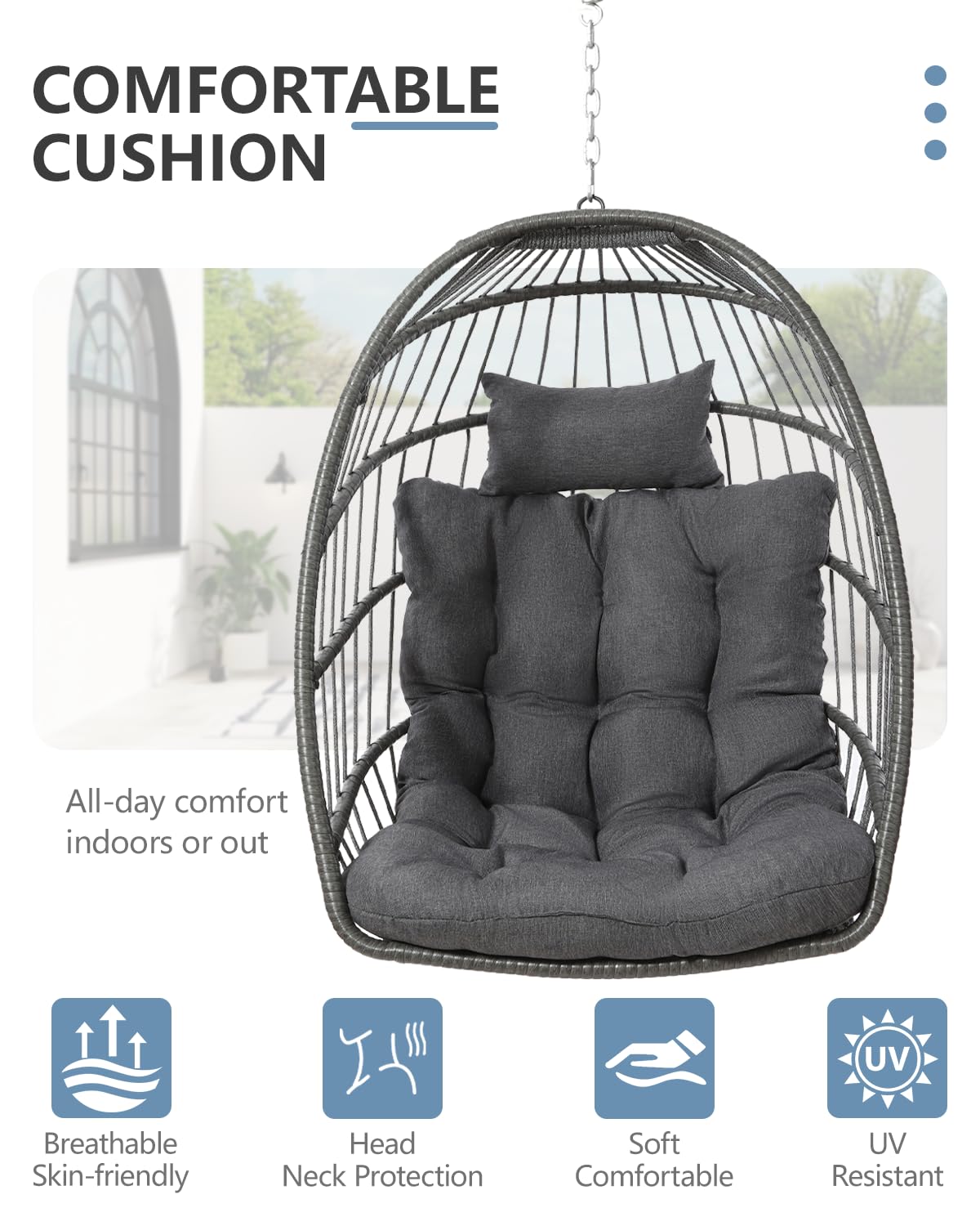 SWITTE Egg Chair Outdoor with Stand, Indoor Wicker Hanging Egg Swing Chair with Cushion, 350lbs Capacity for Patio, Bedroom, Garden - Gray