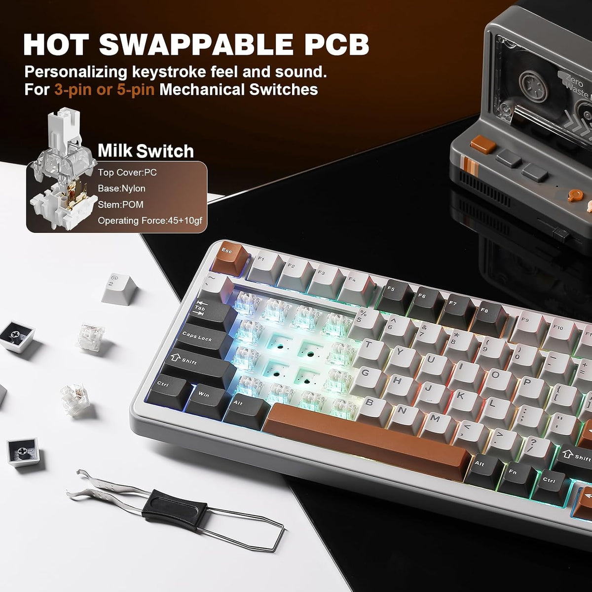 YUNZII B75 PRO 75% Wireless Mechanical Keyboard (Grey,Milk Switch)