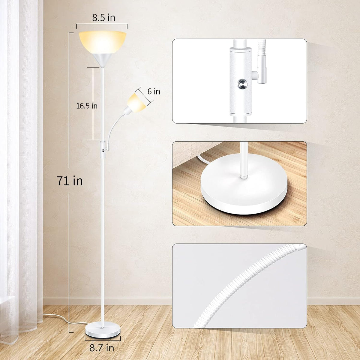 Torchiere Floor Lamps for Living Room, Standing Lamp, 71" Tall Pole Lamps with Adjustable Reading Light, 3-Way Rotary Switch, Plastic Shade, Bright Torch Corner Lamp for Bedroom, White(E26, No Bulb)