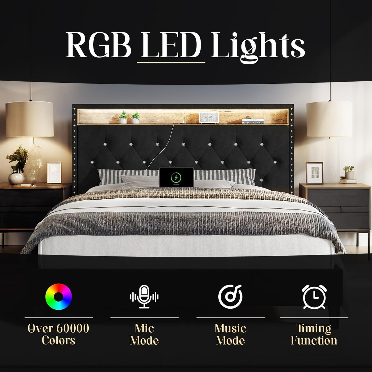 HOMBCK Queen Bed Frame with Charging Station and LED, Upholstered Platform Bed Frame Queen Size with Diamond Tufted Storage Headboard, Wood Slats Support, No Box Spring Needed, Easy Assembly, Black