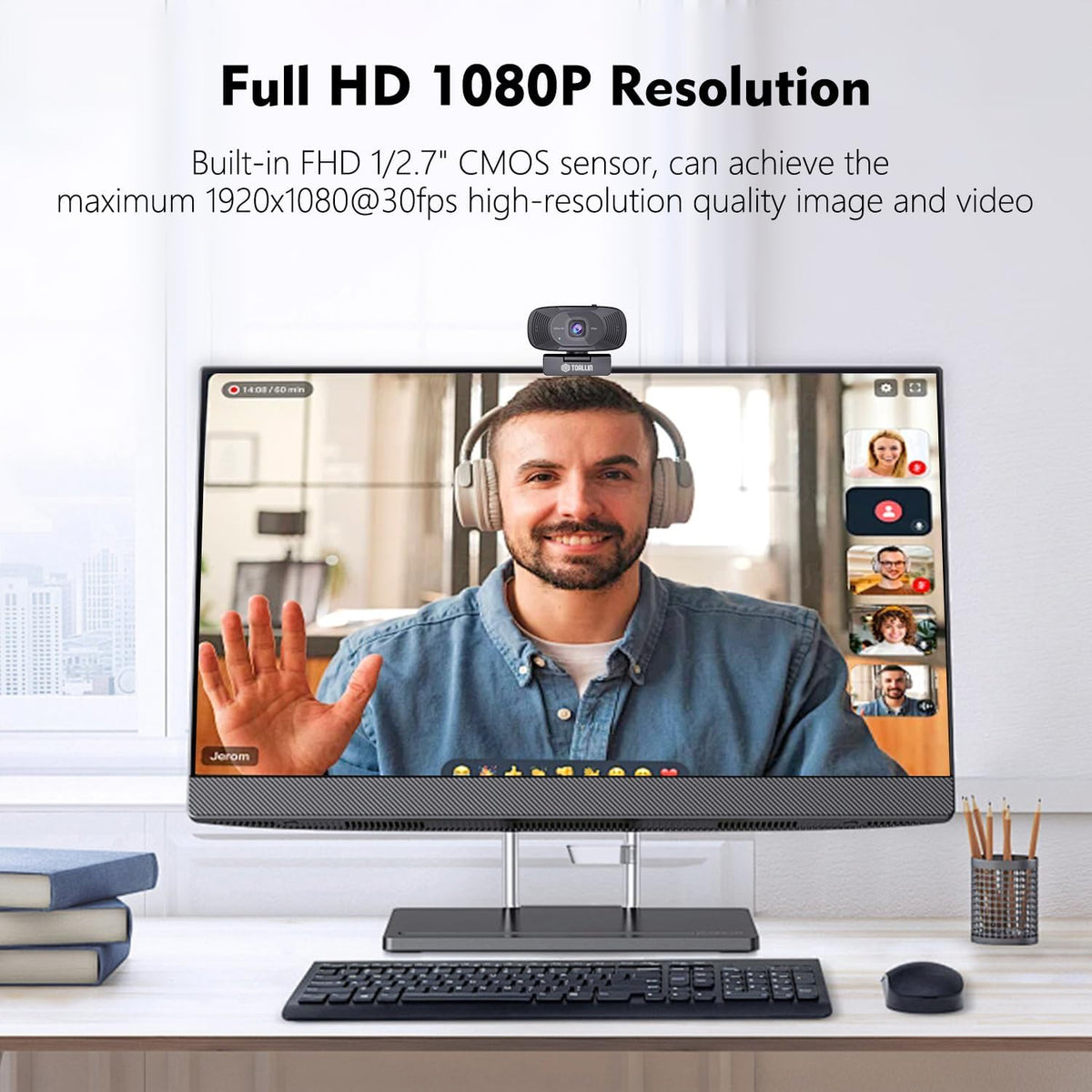 TOALLIN 1080P Full HD Webcam with Dual Microphones, Computer Web Camera, 90° Wide Angle View Without Distortion, USB Plug and Play Webcam for Video Conferencing/Online Calling/Live Streaming