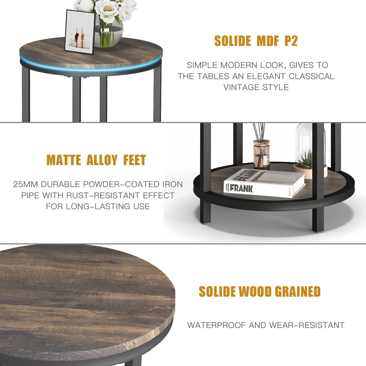 NSdirect Round Side Table Set of 2,16in Rustic Wooden End Table Surface Top & Sturdy Metal Legs Nightstand for Living Room Bedroom Farmhouse Sofa Table with Storage Open Shelf,Rustic Brown